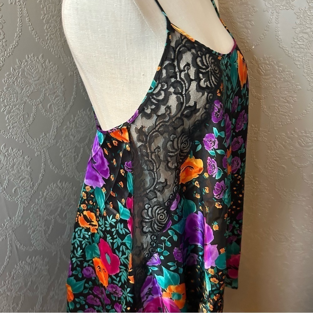 Vintage Union Made floral nightgown excellent condition black lace large - Picture 3 of 7